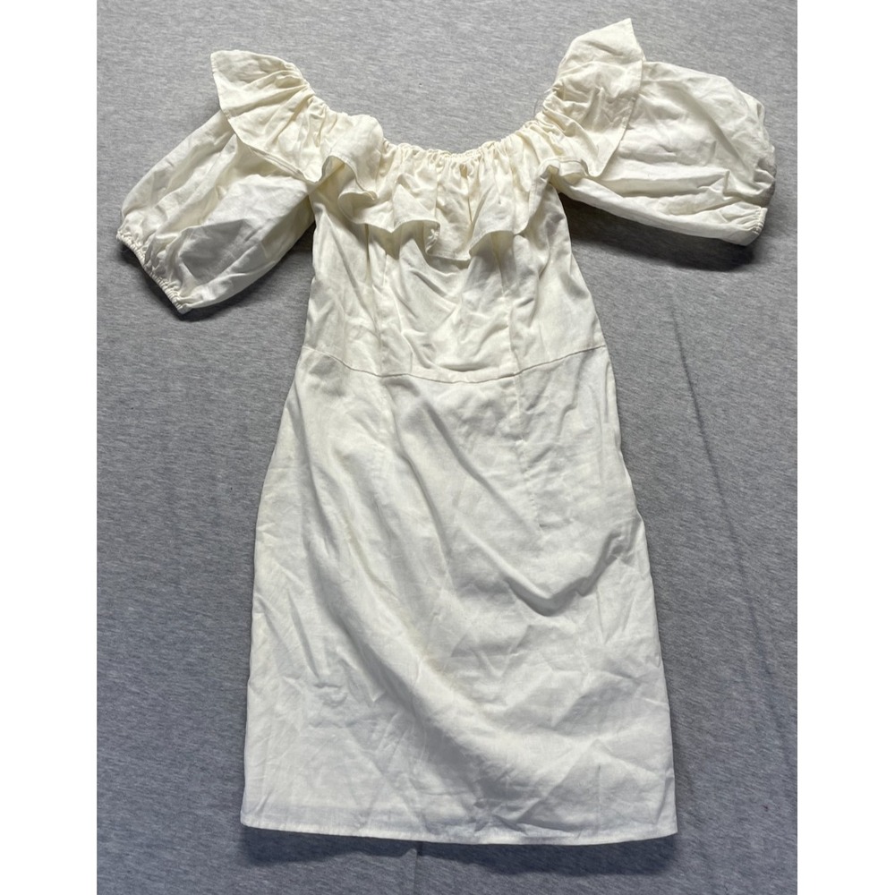 H&M Mini Dress Women XS Cream Linen Blend Ruffled Puff Sleeve Off The Shoulder